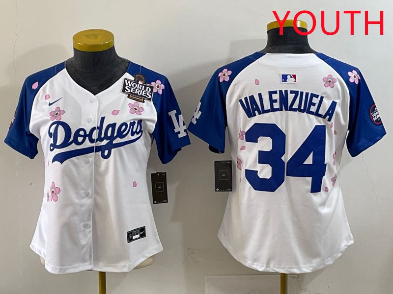 Youth Los Angeles Dodgers #34 Valenzuela White Blue Sakura Edition 2025 Nike MLB Jersey style 35